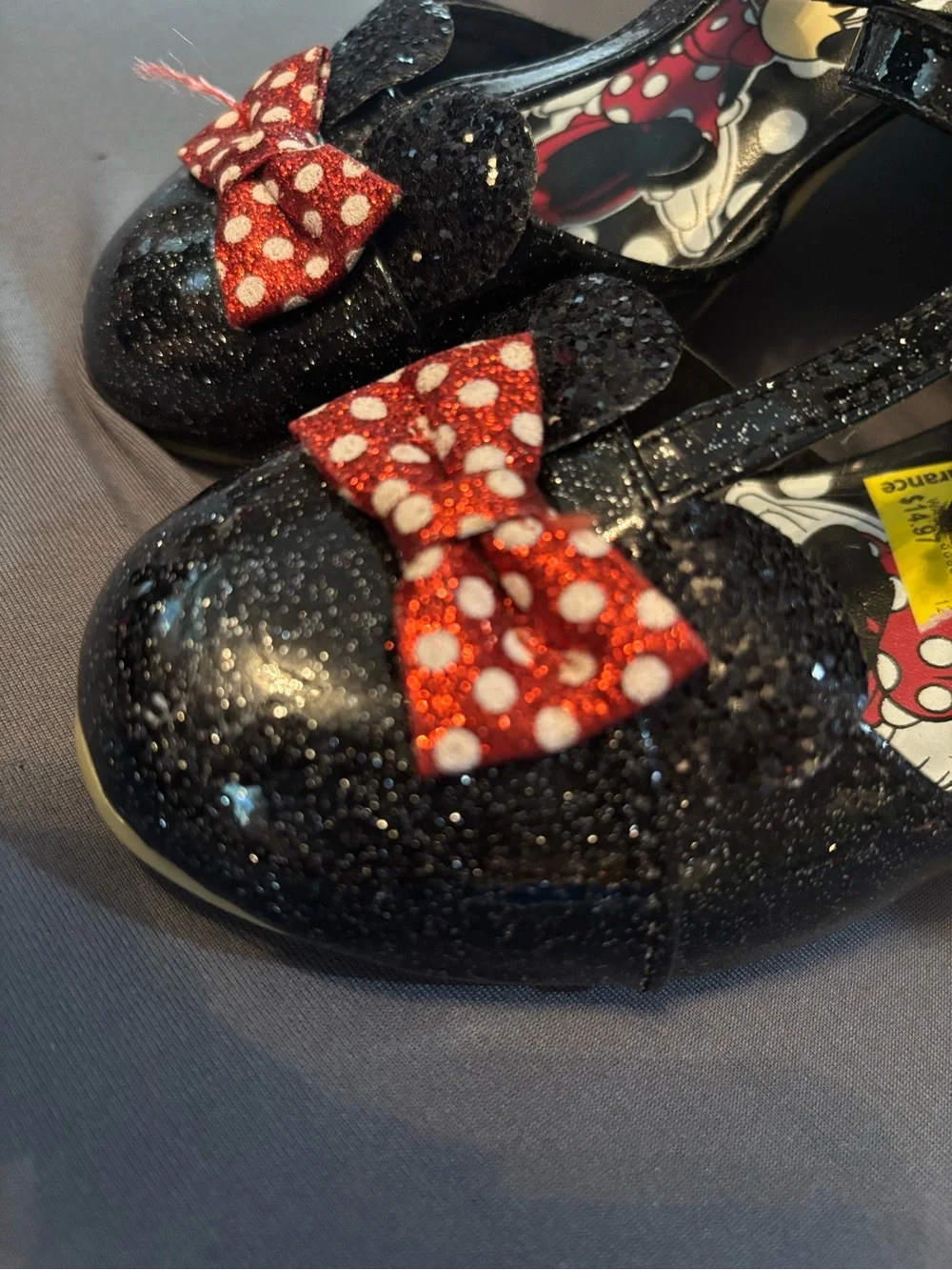 Disney Black Glitter Minnie Mary Jane Shoes with Red Polka Dot Bows